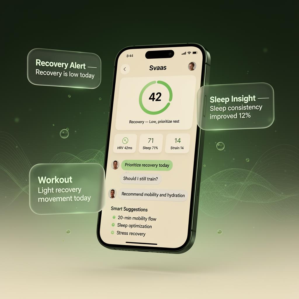 Svaas AI Coach shown on a titanium iPhone with floating health insight cards